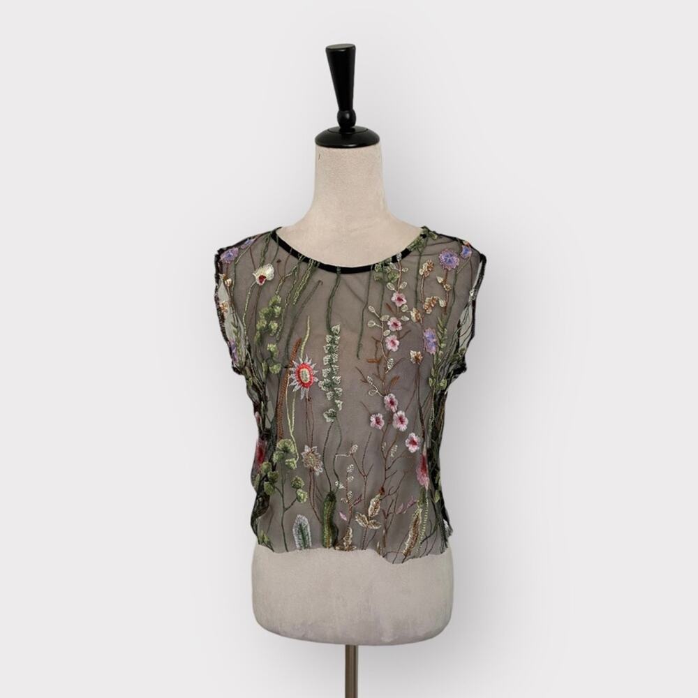 Runway Paris Floral Embroidery Mesh Top Black Size M